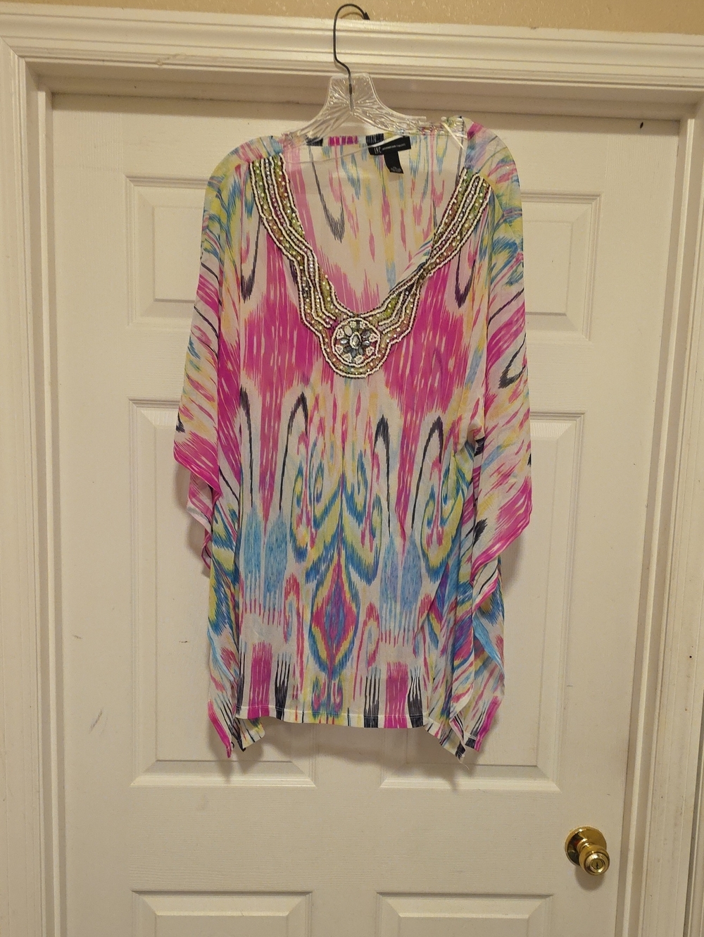 INC International Concepts Multicolor Embellished Ikat-Print Tunic Top